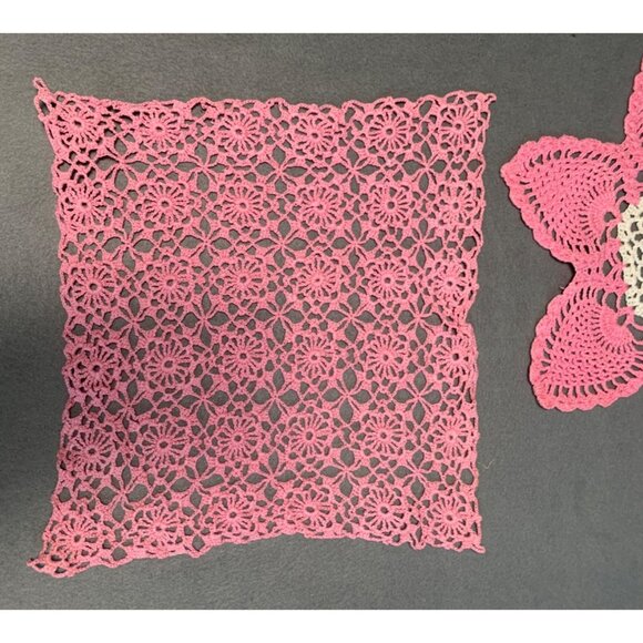 Handmade Pink Crocheted Doilies 8" Square & 10" Flower Design Home Decor & Table - Picture 2 of 8